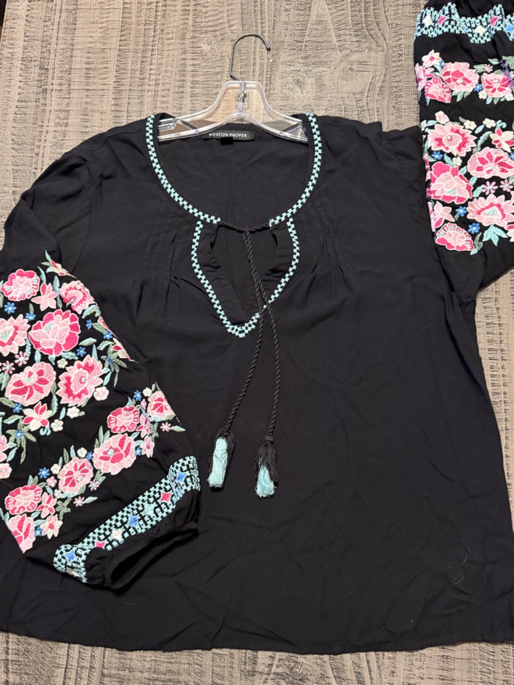 Boston Proper Black Tunic with Pink & Teal Floral Embroidery
